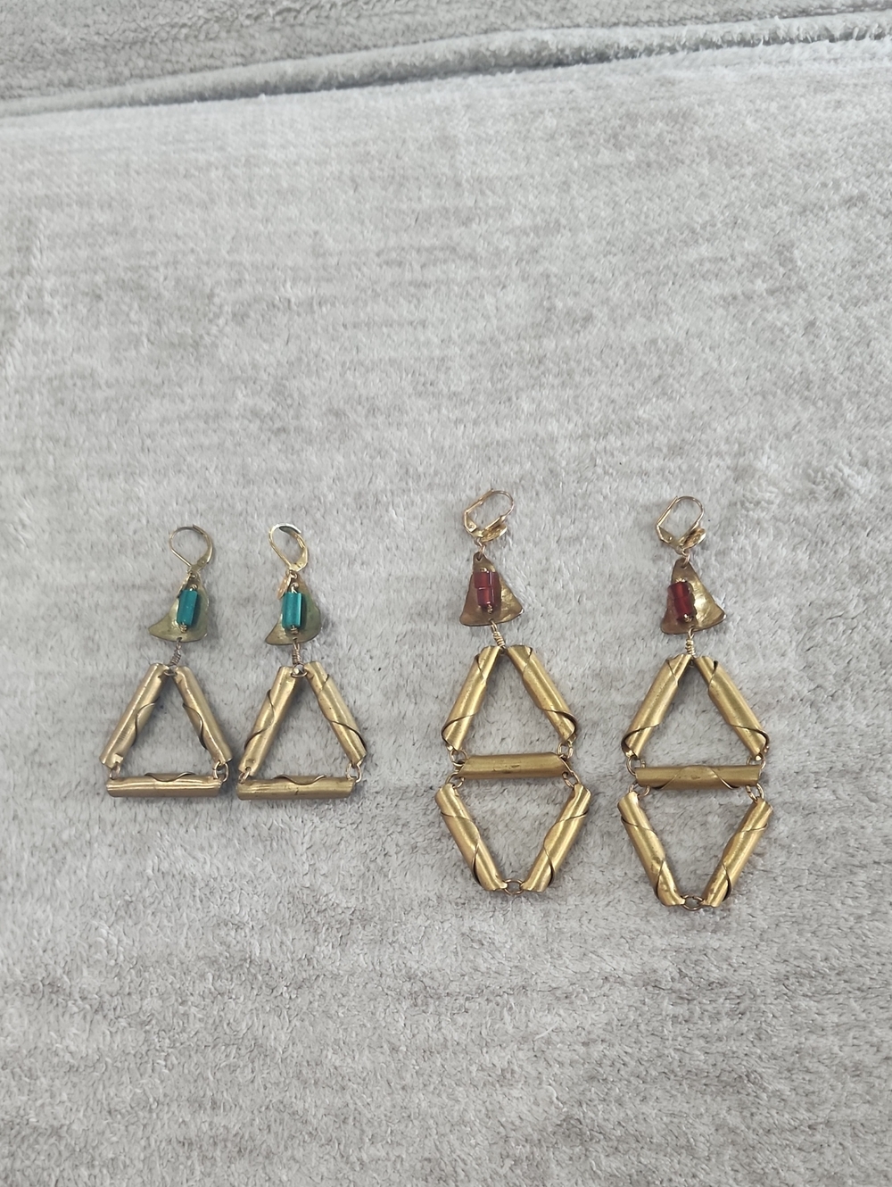 Gold Geometric Triangle Drop Earrings with Red and Teal Accents